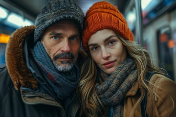 A man and a woman in winter attire pose together, showcasing warmth and urban style