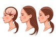 Different stages of hair loss in a woman's head. Ideal for medical and beauty publications
