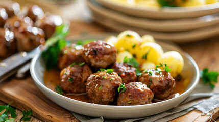 Wall Mural - typical swedish meatball meal with potato and brown sauce