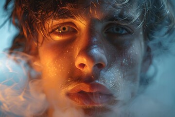 Poster - An intriguing image showing wispy smoke patterns over a blue and orange gradient, symbolizing mystery and transition