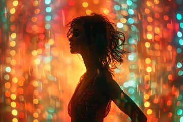 Poster - A woman in silhouette dances joyfully against a background of vivid, blurred festive lights