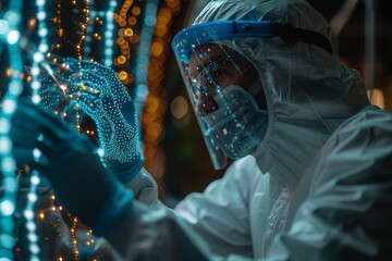 Poster - Gloved hands manipulate a 3D DNA structure in a futuristic laboratory, underlining biotechnological advances