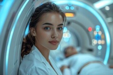 A medical professional in a white lab coat stands near a patient in a high-tech MRI setting