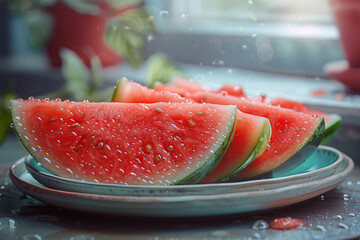 Ripe and juicy watermelon slices closeup served on a plate.