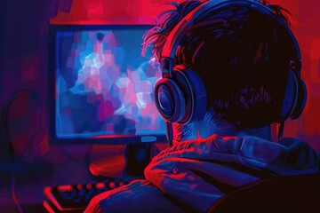 Poster - A man wearing headphones is immersed in playing a video game. Perfect for illustrating technology and entertainment concepts