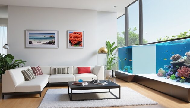 Minimal living room with interior sofa and under the sea fish tank or aquarium decoration, underwater with coral reef and fishes design concepts, Home decoration mock up, with