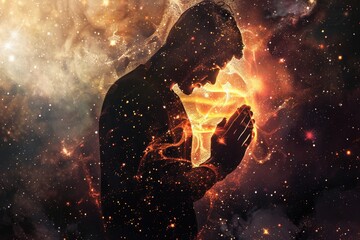 Poster - A man holding a glowing object in his hands. Suitable for technology concepts