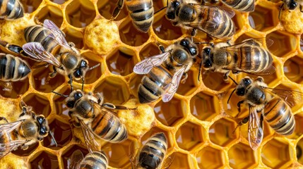 Wall Mural -   A group of bees atop a beehive Honeycombs occupy its center