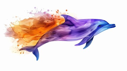 Wall Mural -  Dolphin with a splash of paint, white background..Or, for a more descriptive version:..A vibrant watercolor