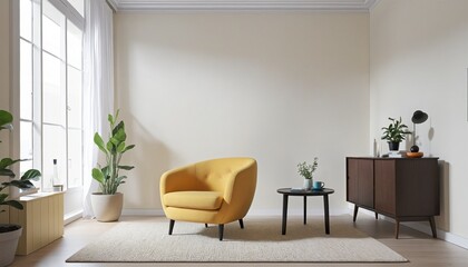 Empty room interior with armchair and side table in a minimalist living room interior