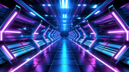 Wall Mural -   A futuristic hallway with neon lighting Long corridor stretches ahead, leading to an exit and another room in its center