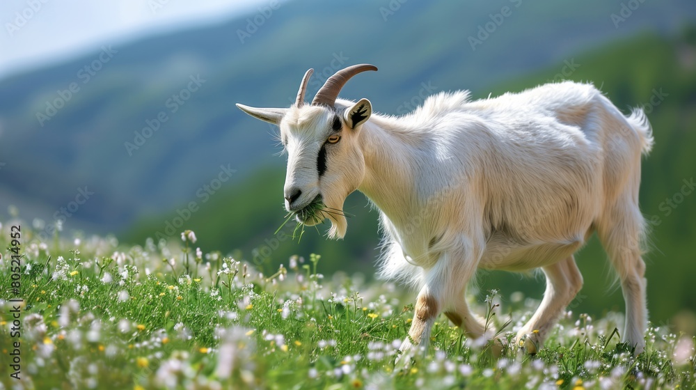 A hungry short-haired white goat walks and eats grass on a green ...