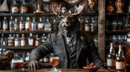 Poster -   A man statue in a suit, crowned with antlers, stands before a bar brimming with liquor bottles