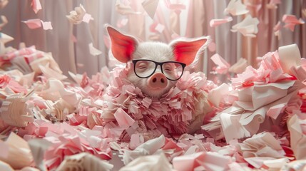 Canvas Print -   A pig in glasses is encircled by pink and white confetti, with streams of pink and white hanging above