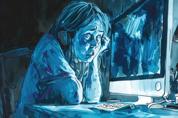Poster - Woman sitting in front of a computer screen. Ideal for illustrating technology and remote work concepts