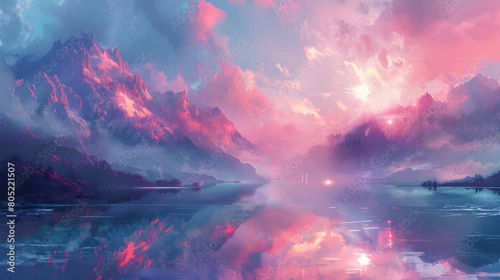 This digital painting captures a tranquil mountain lake under a pink ...