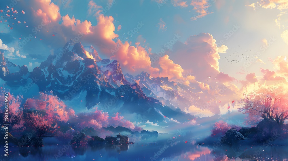This digital painting captures a tranquil mountain lake under a pink ...