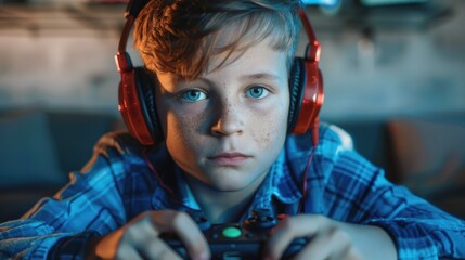 Poster - A young boy wearing headphones engrossed in playing a video game. Suitable for gaming or technology concepts