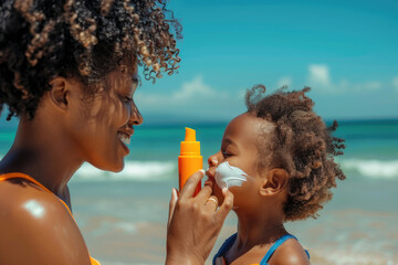 Wall Mural - A mother applying sun cream to her daughter's nose on the beach, both smiling and enjoying their time together. 