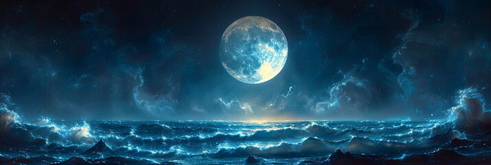 Generative ai illustration of a full moon in a panoramic night sky
