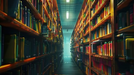 Wall Mural - Magnificent View down rows of books at a library