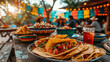 Vibrant Mexican food setting with tacos and salsa on a rustic table, people enjoying a festive meal in the background