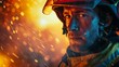 About realistic portrait of a firefighter in gear, a charismatic closeup portrait exuding bravery, half body colorful strange bizarre sharpen blur background with copy space
