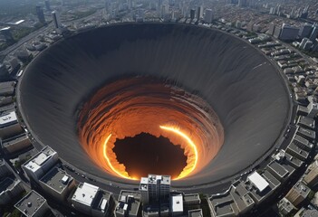 a massively deep and large crater hole swallowing a entire city