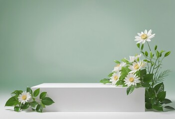 beautiful podium spring space white background presentation splay minimal copy template render green beauty summer pastel feminine nature cosmetic leaf flower gold product