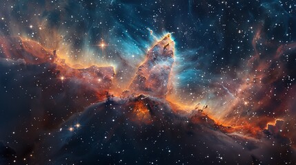 Poster - Stunning visual of a mountain-like formation in space, surrounded by a colorful nebula and twinkling stars