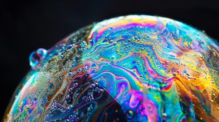 Poster - A close-up of a colorful, iridescent soap bubble creating an abstract pattern