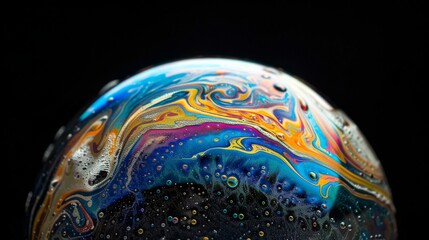 Poster - This image features an extreme close-up of a vibrant soap bubble, showcasing swirling patterns and intricate details