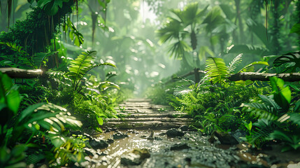 Wall Mural - Lush tropical rainforest with vibrant green foliage, a path leading through an enchanting jungle scene
