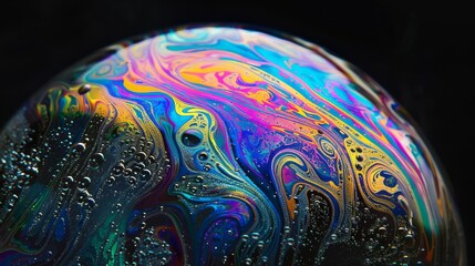 Poster - Close-up of vibrant colors swirling on a soap bubble’s surface, representing creativity and fluidity