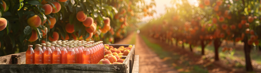 Cargo truck carrying bottles with peach juice in an orchard with sunset. Concept of food and drink production, transportation, cargo and shipping.
