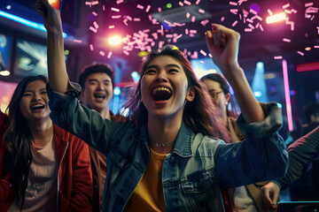 Enthusiastic group of companions cheering for triumph of young Asian woman in virtual game as they stand by her in contemporary gaming venue.