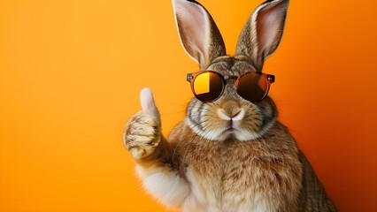 Wall Mural - Easter bunny rabbit wearing sunglasses giving a thumbs up on orange background. Concept Easter Bunny, Rabbit, Sunglasses, Thumbs Up, Orange Background
