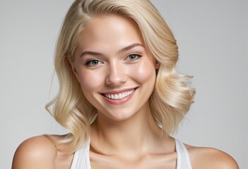 Wall Mural - Headshot of a beautiful blond smiling young woman looking at the camera on white background