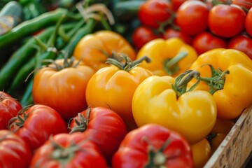 Aufkleber - Vibrant, fresh tomatoes and bell peppers arranged at a market, highlighting organic and healthy food choices