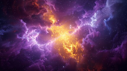 Poster - A vibrant space scene featuring a fiery nebula, sparkling stars, and rich colors of purples and oranges illuminating the cosmos