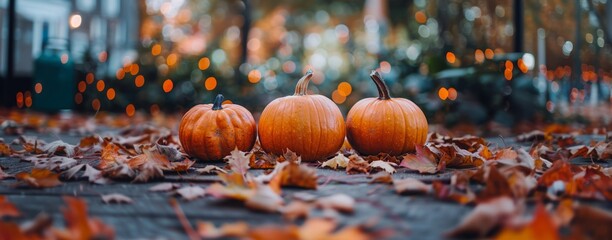 Sticker - Three pumpkins amidst colorful autumn leaves and glowing bokeh lights, depicting a festive fall atmosphere.