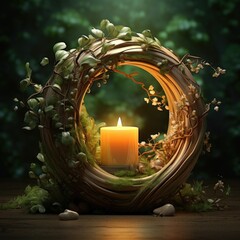 Enchanting scene featuring a candle set within a natural twig wreath, evoking a magical forest ambiance.