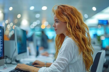 Poster - A diligent woman with long hair working intently at her computer in a modern office environment