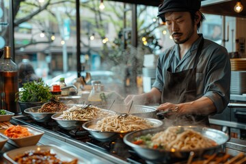 Asian chef focused on cooking noodles in a steamy restaurant kitchen with fresh ingredients nearby