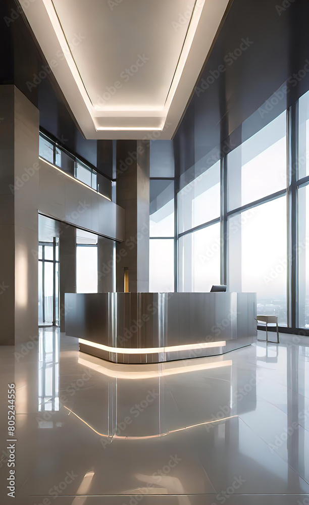 Reception desk and checkpoint at the entrance to a large modern office ...