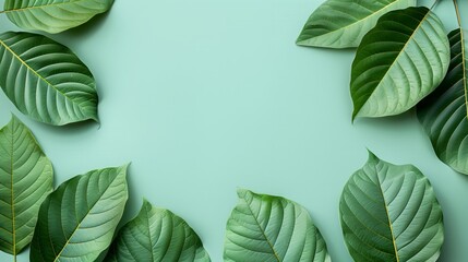 Leaves Background. Leaves on paster background with copy space. Minimalist pastel background with green leaves. Kratom leaves on pastel background.