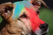 Close-up of a short-haired mixed breed dog with colorful paint on his face