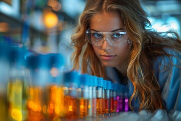 Poster - A concentrated female scientist meticulously examines colorful test tubes in a laboratory environment