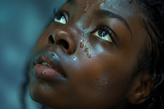 Beautiful young black woman looking up with tears in her eyes
