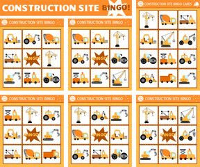 Wall Mural - Vector construction site bingo cards set. Fun family lotto board game with cute cars, trucks for kids. Special transport lottery activity. Simple educational printable worksheet with vehicles.